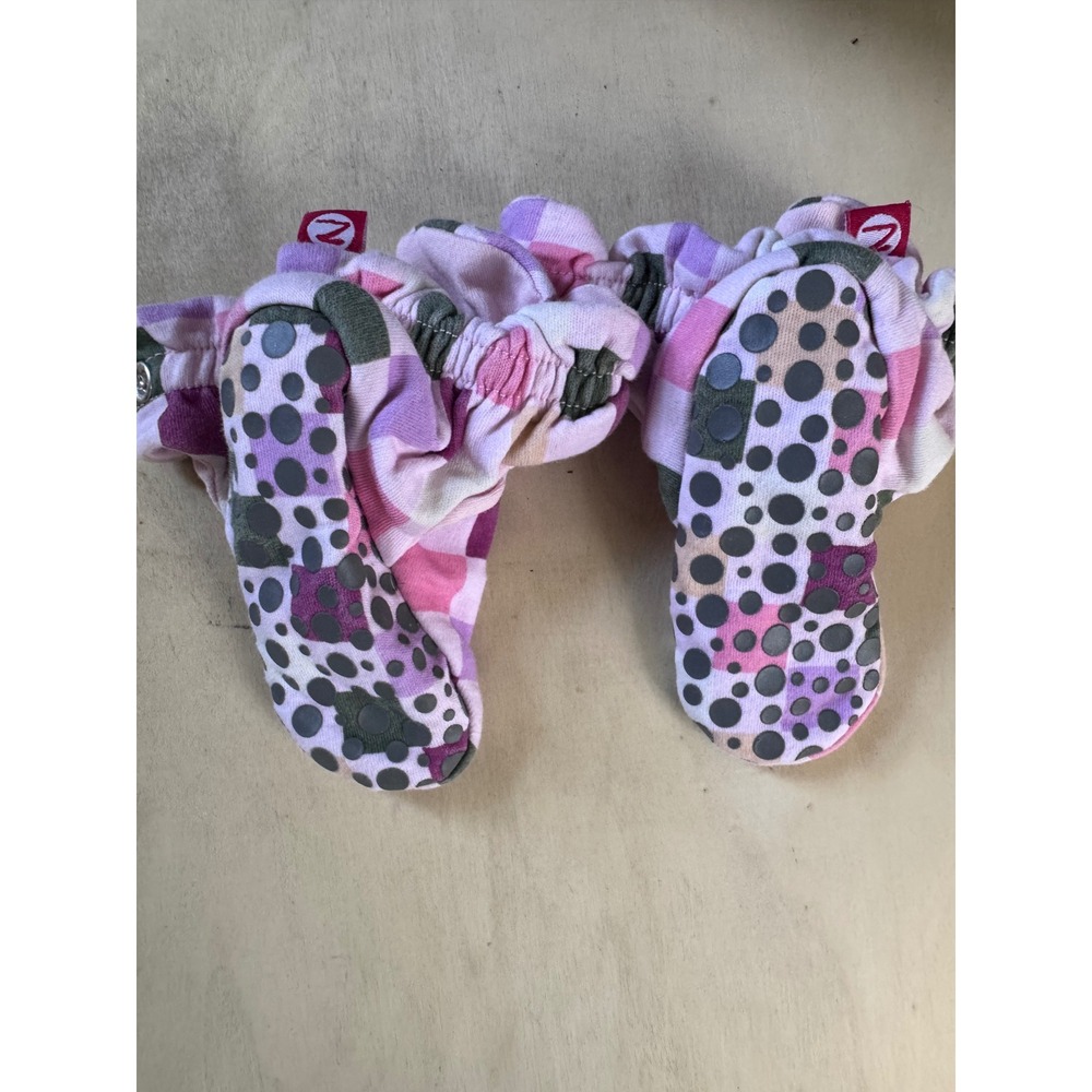 Zutano Pink Purple Checkered Organic Cotton Baby Booties Gripper Soles 18M - Picture 2 of 6